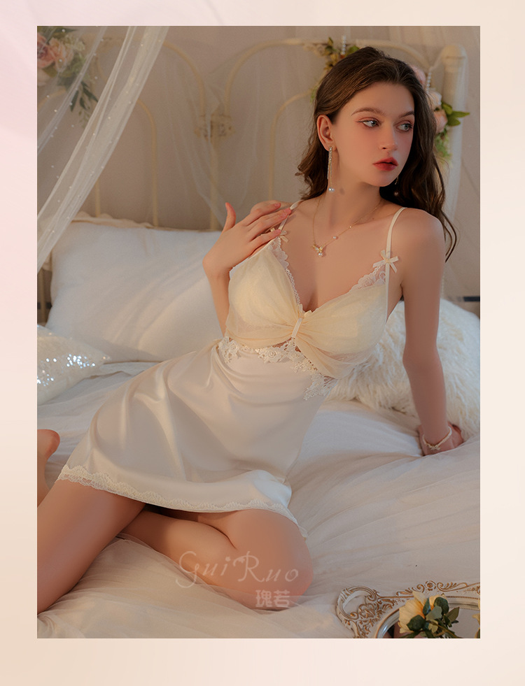 White Mesh Hem Underwire Babydoll Satin Nightdress